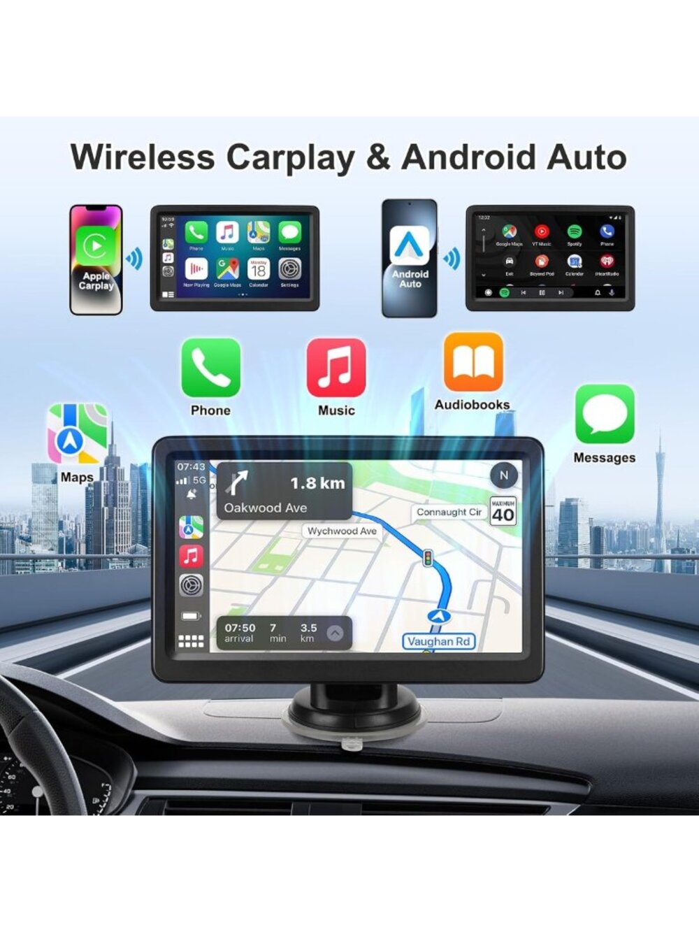 7" Wireless Carplay & Android Auto Screen, HD Touchscreen, GPS, Bluetooth, Voice - Picture 2 of 7